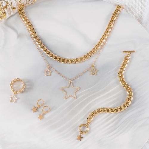 Zinc Alloy Jewelry Set, finger ring & bracelet & earring & necklace, with Brass & Iron, Star, gold color plated, 4 pieces & for woman 