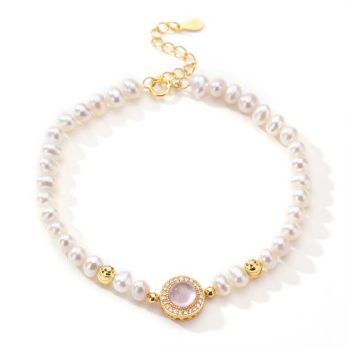 Pearl Sterling Silver Bracelets, Argent sterling 925, avec perle d'eau douce cultivée & quartz rose, avec 4cm chaînes de rallonge, bijoux de mode & pour femme Environ 16.5 cm, Vendu par PC