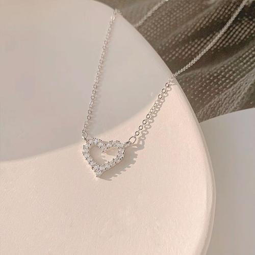 Cubic Zirconia Micro Pave Sterling Silver Necklace, 925 Sterling Silver, Heart, fashion jewelry & micro pave cubic zirconia & for woman Approx 45 cm 