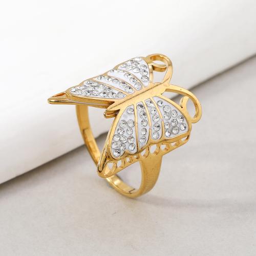 Rhinestone Stainless Steel Finger Ring, 304 Stainless Steel  & for woman & with rhinestone, golden 