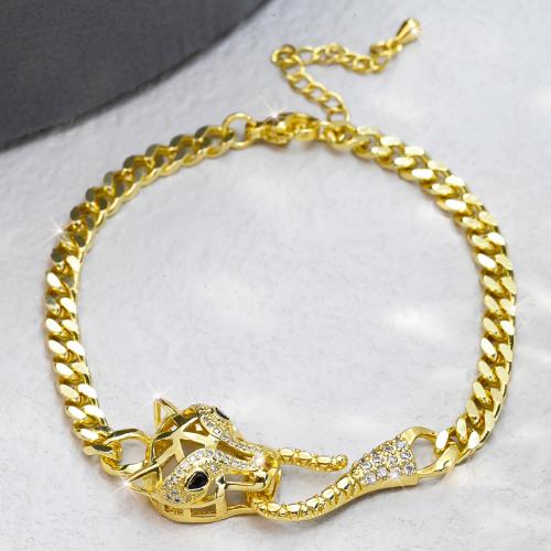 Bracelet cubique en laiton zircon pavent, avec 5cm chaînes de rallonge, léopard, Placage de couleur d'or, bijoux de mode & unisexe & pavé de micro zircon, doré Environ 19 cm, Vendu par PC
