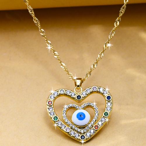 Collier Evil Eye bijoux, laiton, coeur, Placage de couleur d'or, bijoux de mode & pavé de micro zircon & pour femme Environ 44 cm, Vendu par PC