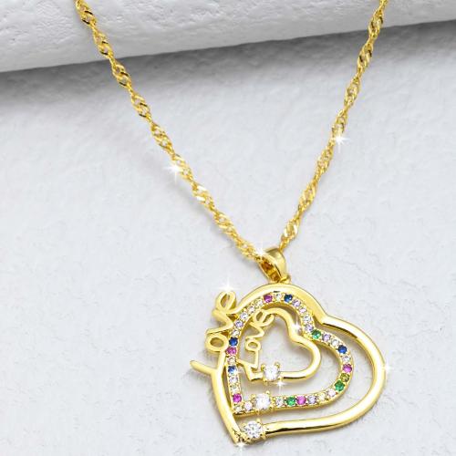 Корень Циркон Микро вымощает латунь ожерелье, Латунь, Сердце, плакирован золотом, ювелирные изделия моды & инкрустированное микро кубического циркония & Женский, длина:Приблизительно 44 см, продается PC