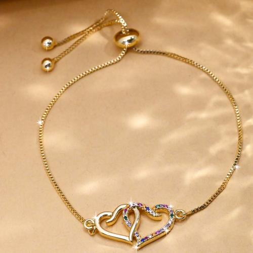 Bracelet cubique en laiton zircon pavent, coeur, Placage de couleur d'or, bijoux de mode & réglable & pavé de micro zircon & pour femme Environ 15-24 cm, Vendu par PC
