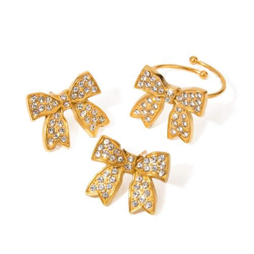 Rhinestone stainless steel Jewelry Set, 304 Stainless Steel, Bowknot, gold color plated, fashion jewelry & with rhinestone, golden 