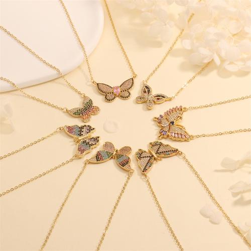 Cubic Zircon Micro Pave Brass Necklace, Butterfly, gold color plated, fashion jewelry & micro pave cubic zirconia, golden 