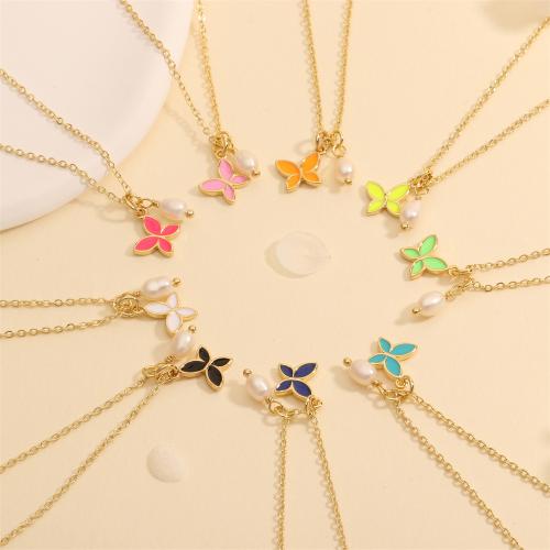 Brass Jewelry Necklace, with Plastic Pearl, with 5cm extender chain, Butterfly, plated, fashion jewelry & enamel cm 