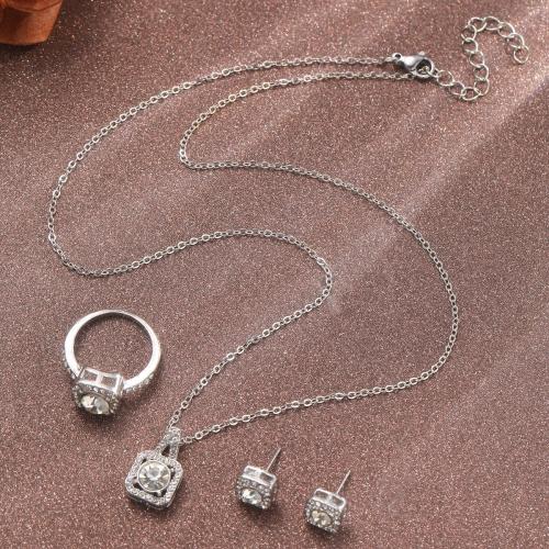 Rhinestone Zinc Alloy Jewelry Set, Stud Earring & finger ring & necklace, three pieces & for woman & with rhinestone 