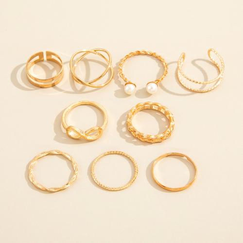 Zinc Alloy Ring Set, with Plastic Pearl, 9 pieces & fashion jewelry & for woman, gold 