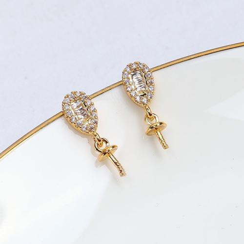 Brass Earring Stud Component, real gold plated, DIY & micro pave cubic zirconia 14mm 