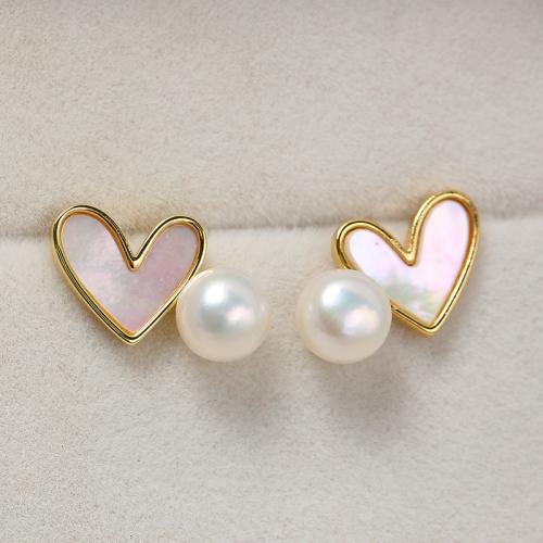 Brass Earring Stud Component, with Shell, Heart, real gold plated, DIY, gold, 16mm 