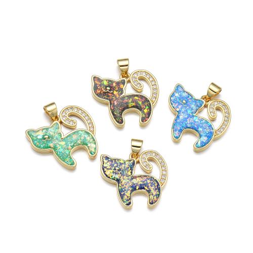 Cubic Zirconia Micro Pave Brass Pendant, with Opal, Cat, plated, DIY & micro pave cubic zirconia 