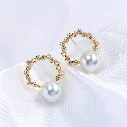 Brass Earring Stud Component, real gold plated, DIY & micro pave cubic zirconia 16mm 