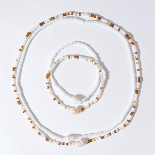 Стеклянный бисер модный ювелирный набор, браслет & ожерелье, с эластичная нить & Ракушка, 4 шт. & дизайн океан & Женский, продается указан