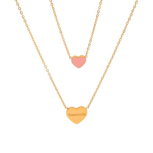 Titanium Steel Necklace, Heart, 18K gold plated, Double Layer & with letter pattern & for woman & enamel Approx 15.7 Inch, Approx 18.9 Inch 
