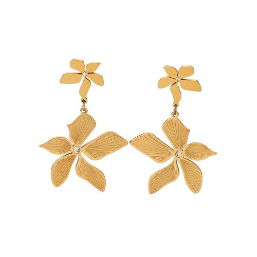 304 Stainless Steel Drop Earring, Flower, 18K gold plated, for woman & with rhinestone 