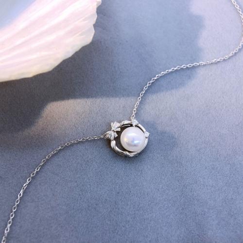 Корень Циркон Микро вымощает Серебряное ожерелье, 925 пробы, с Пресноводные жемчуги, ювелирные изделия моды & инкрустированное микро кубического циркония & Женский, длина:Приблизительно 45 см, продается PC