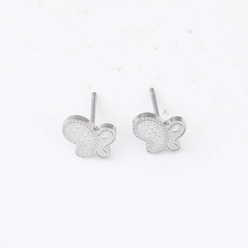 Brass Stud Earring, Butterfly, silver color plated, for woman 