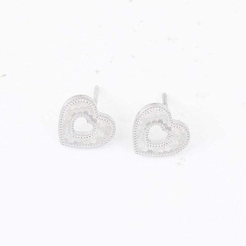 Brass Stud Earring, Heart, silver color plated, for woman 