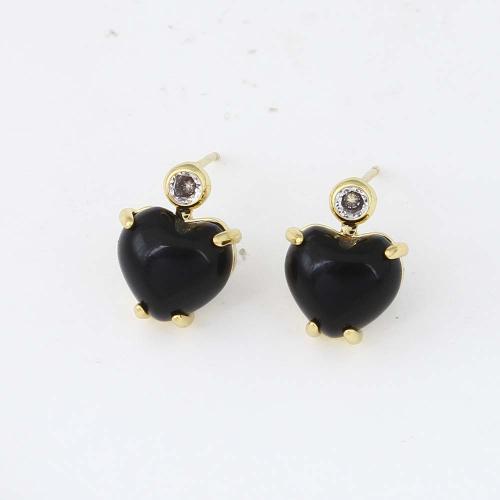Cubic Zirconia Micro Pave Brass Earring, Heart, gold color plated, micro pave cubic zirconia & for woman, black 