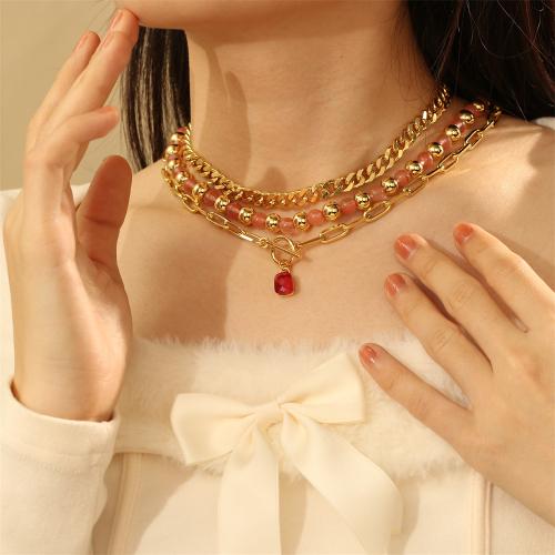 Brass Jewelry Necklace, with Gemstone & Crystal, gold color plated, fashion jewelry 