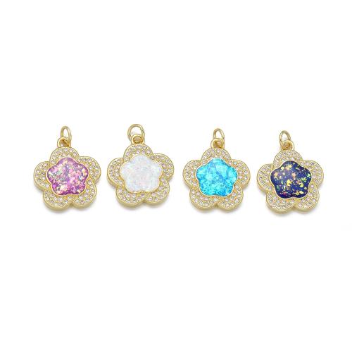 Cubic Zirconia Micro Pave Brass Pendant, with Opal, petals, plated, DIY & micro pave cubic zirconia 