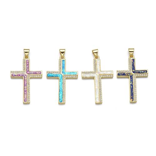 Cubic Zirconia Micro Pave Brass Pendant, with Opal, Cross, plated, DIY & micro pave cubic zirconia 