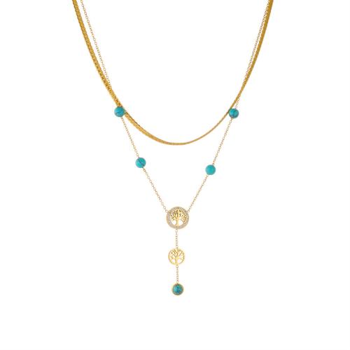 Titanium Steel Necklace, with turquoise, with 1.96inch extender chain, Tree, gold color plated, Double Layer & fashion jewelry & for woman Approx 16.53 Inch 
