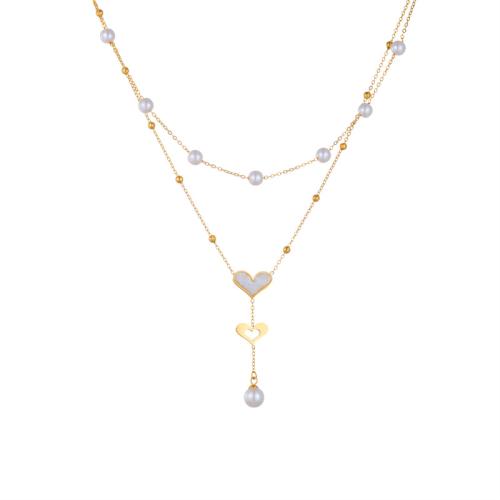 Titanium Steel Necklace, with White Shell & Plastic Pearl, with 2inch extender chain, Heart, gold color plated, Double Layer & for woman Approx 15.7 Inch 