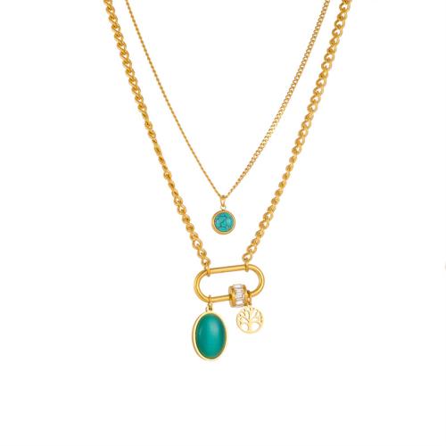 Titanium Steel Necklace, with turquoise & Cats Eye & White Shell, with 1.96inch extender chain, gold color plated, Double Layer & for woman & with rhinestone Approx 16.53 Inch 