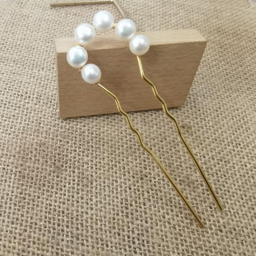 Hair Stick, ABS Plastic Pearl, with Brass, vintage & for woman, golden, Pearls 8.5mm-9.0mm 
