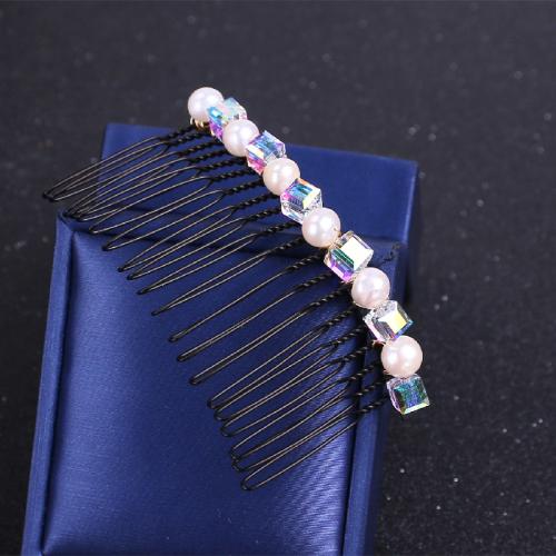 Decorative Hair Combs, ABS Plastic Pearl, with Zinc Alloy, for woman & with rhinestone, black, Pearls 7.0mm-8.0mm 