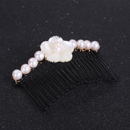Decorative Hair Combs, ABS Plastic Pearl, with White Lip Shell & Zinc Alloy, for woman, black, Pearls 6.5mm-7.5mm 
