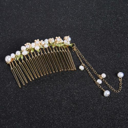 Decorative Hair Combs, ABS Plastic Pearl, with Brass, for woman, golden, Pearl 4-8mm 