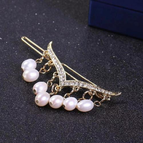 Hair Clip, ABS Plastic Pearl, with Brass, for woman & with rhinestone, golden, Pearl 6.5-7.5mm 
