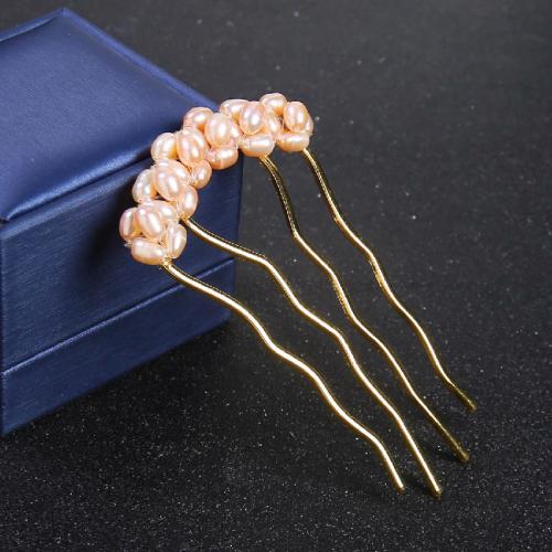 Decorative Hair Combs, ABS Plastic Pearl, with Brass, for woman, golden, Pearl 5-6mm 