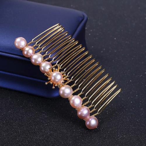Decorative Hair Combs, ABS Plastic Pearl, with Brass, for woman, golden, Pearl  9-9.5mm 