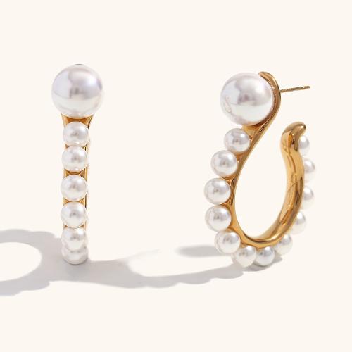 Stainless Steel Pearl Stud Earring, 304 Stainless Steel, with Plastic Pearl, 18K gold plated, fashion jewelry & for woman, golden, 43.9mm 