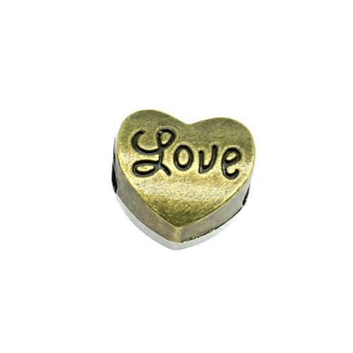 Perla de agujero grande de aleación de zinc, Corazón, chapado en color bronce antiguo, Bricolaje, 12x11x7mm, Vendido por UD[