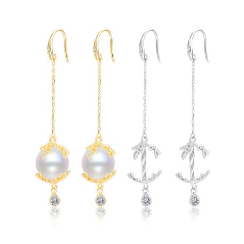 Cubic Zirconia Micro Pave Sterling Silver Earring, 925 Sterling Silver, with Shell Pearl & micro pave cubic zirconia 60mm 