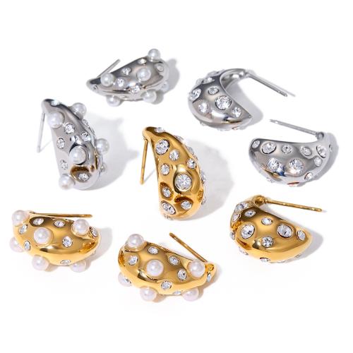 Edelstahl CZ Stud Ohrring, 304 Edelstahl, mit Kunststoff Perlen, plattiert, verschiedene Stile für Wahl & Micro pave Zirkonia & für Frau, keine, verkauft von Paar