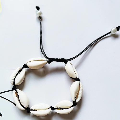 Natural Shell Connector Woven Ball Bracelet, with Wax Cord & Plastic Pearl, for woman cm 