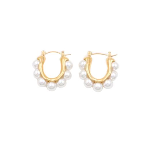 304 Stainless Steel Lever Back Earring, with Plastic Pearl, Letter U, gold color plated, fashion jewelry & for woman 