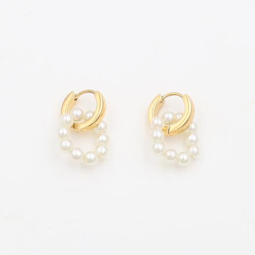 304 Stainless Steel Huggie Hoop Drop Earring, with Plastic Pearl, plated, fashion jewelry & for woman & hollow 13mm 