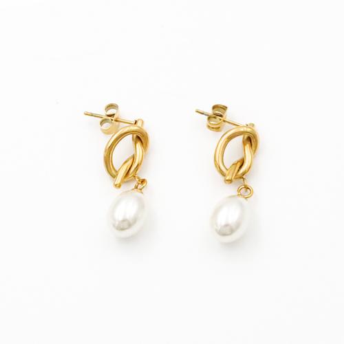 Titanium Steel Drop Earring, with Plastic Pearl, gold color plated, fashion jewelry & for woman & hollow, 16.8mm 