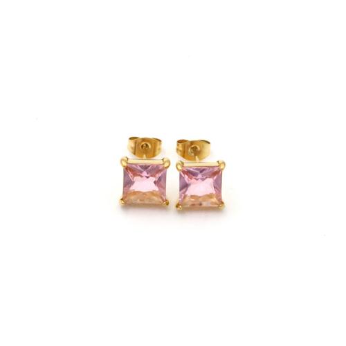 Titanium Steel Stud Earring, Square, 18K gold plated, fashion jewelry & for woman & with cubic zirconia 9.5mm 