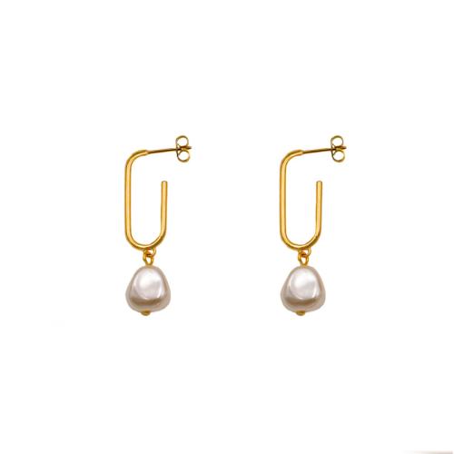 Titanium Steel Drop Earring, with Plastic Pearl, Geometrical Pattern, gold color plated, fashion jewelry & for woman 