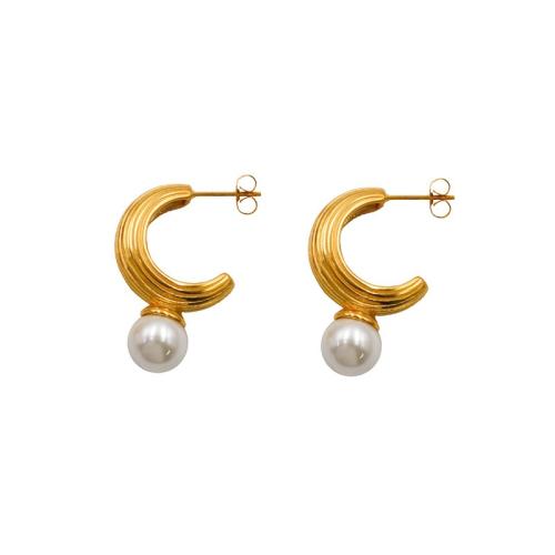 304 Stainless Steel Stud Earring, with Plastic Pearl, Letter C, gold color plated, fashion jewelry & for woman 
