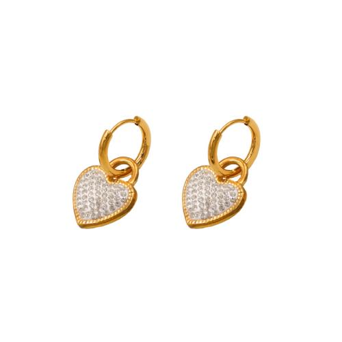 304 Stainless Steel Huggie Hoop Drop Earring, Heart, gold color plated, micro pave cubic zirconia & for woman 