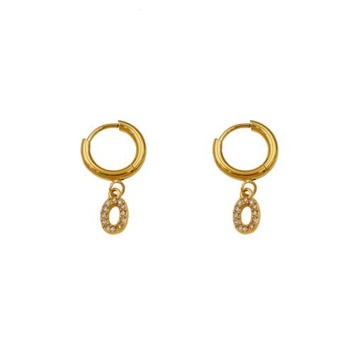 Titanium Steel Huggie Hoop Drop Earring, Number, gold color plated & micro pave cubic zirconia & for woman 